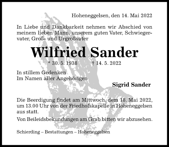 Traueranzeige von Wilfried Sander von Hildesheimer Allgemeine Zeitung