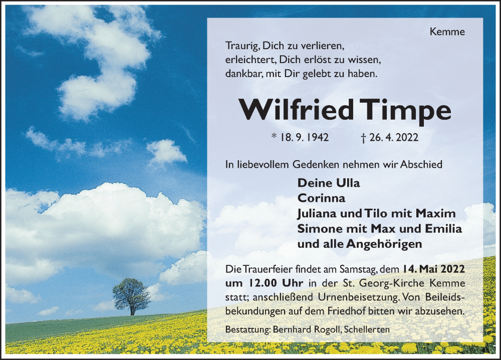  Traueranzeige für Wilfried Timpe vom 04.05.2022 aus Hildesheimer Allgemeine Zeitung