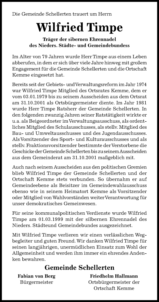 Traueranzeige von Wilfried Timpe von Hildesheimer Allgemeine Zeitung