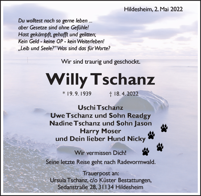  Traueranzeige für Willy Tschanz vom 02.05.2022 aus Hildesheimer Allgemeine Zeitung