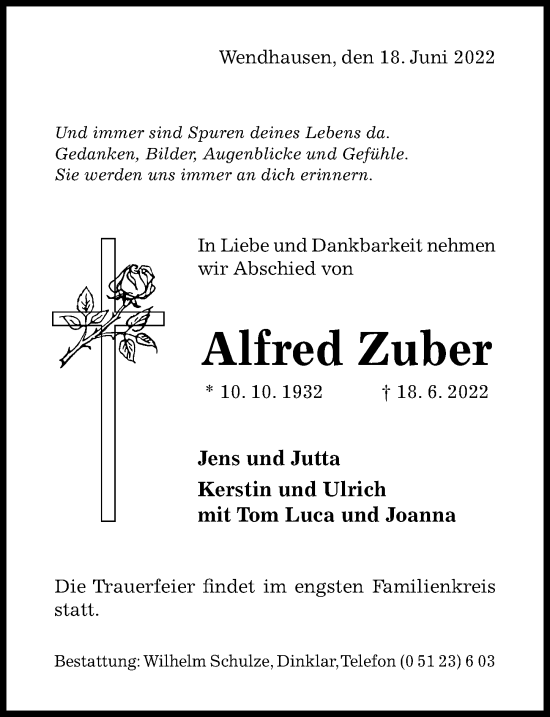 Traueranzeige von Alfred Zuber von Hildesheimer Allgemeine Zeitung