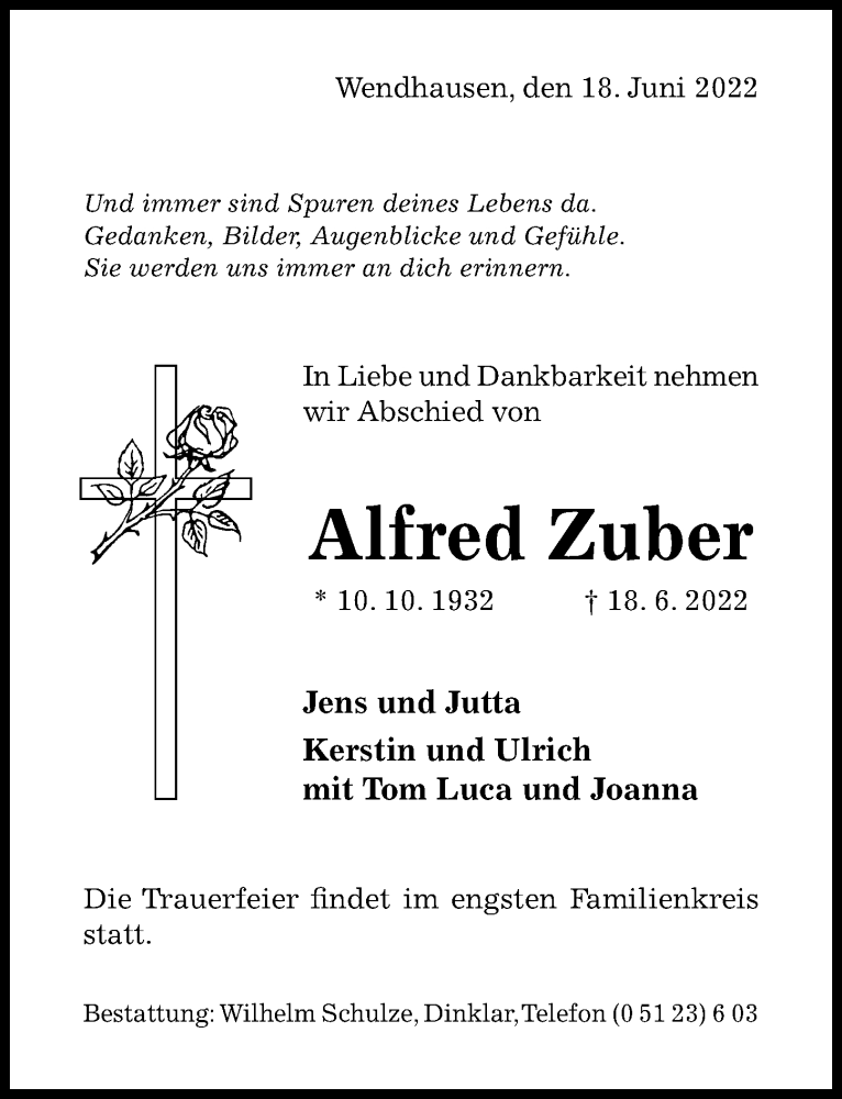  Traueranzeige für Alfred Zuber vom 21.06.2022 aus Hildesheimer Allgemeine Zeitung