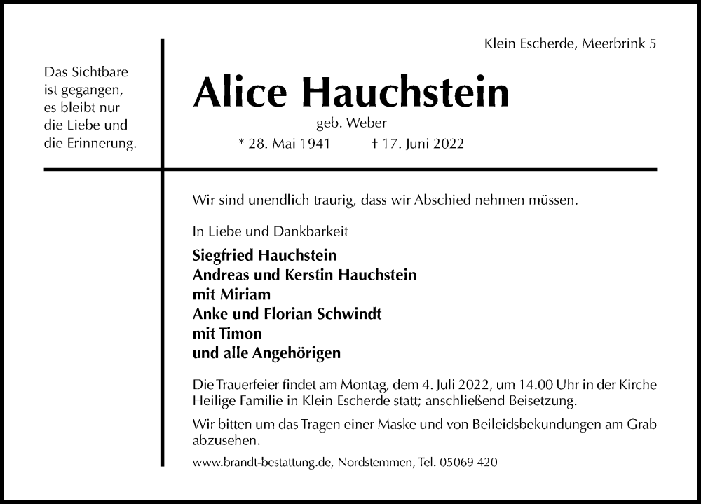  Traueranzeige für Alice Hauchstein vom 22.06.2022 aus Hildesheimer Allgemeine Zeitung