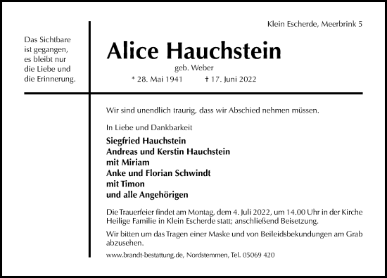 Traueranzeige von Alice Hauchstein von Hildesheimer Allgemeine Zeitung