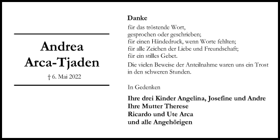 Traueranzeige von Andrea Arca-Tjaden von Hildesheimer Allgemeine Zeitung