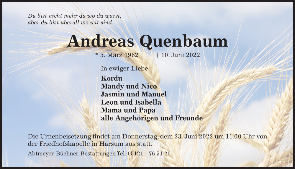  Traueranzeige für Andreas Quenbaum vom 16.06.2022 aus Hildesheimer Allgemeine Zeitung