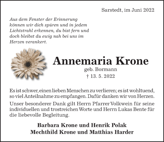 Traueranzeige von Annemaria Krone von Hildesheimer Allgemeine Zeitung