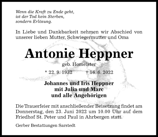 Traueranzeige von Antonie Heppner von Hildesheimer Allgemeine Zeitung