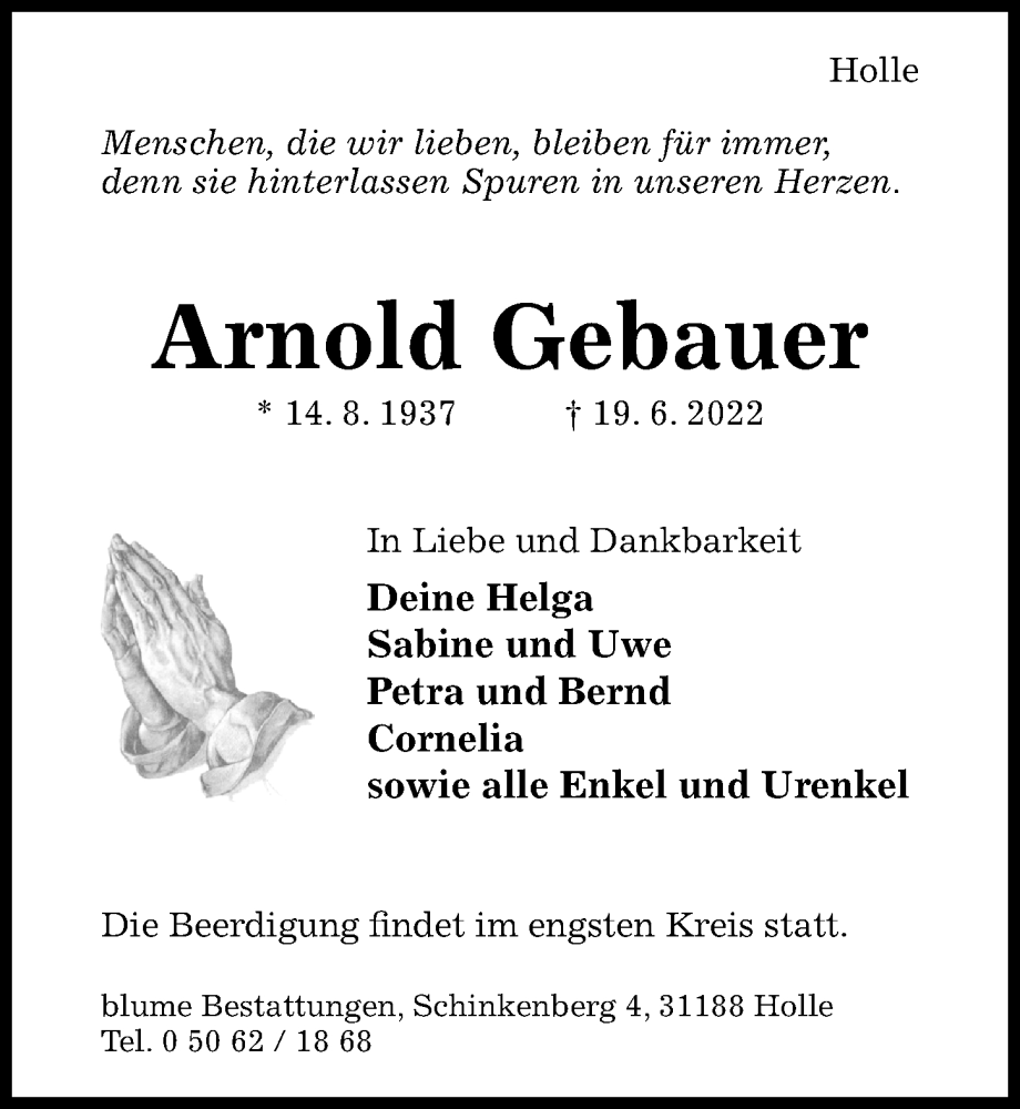  Traueranzeige für Arnold Gebauer vom 21.06.2022 aus Hildesheimer Allgemeine Zeitung