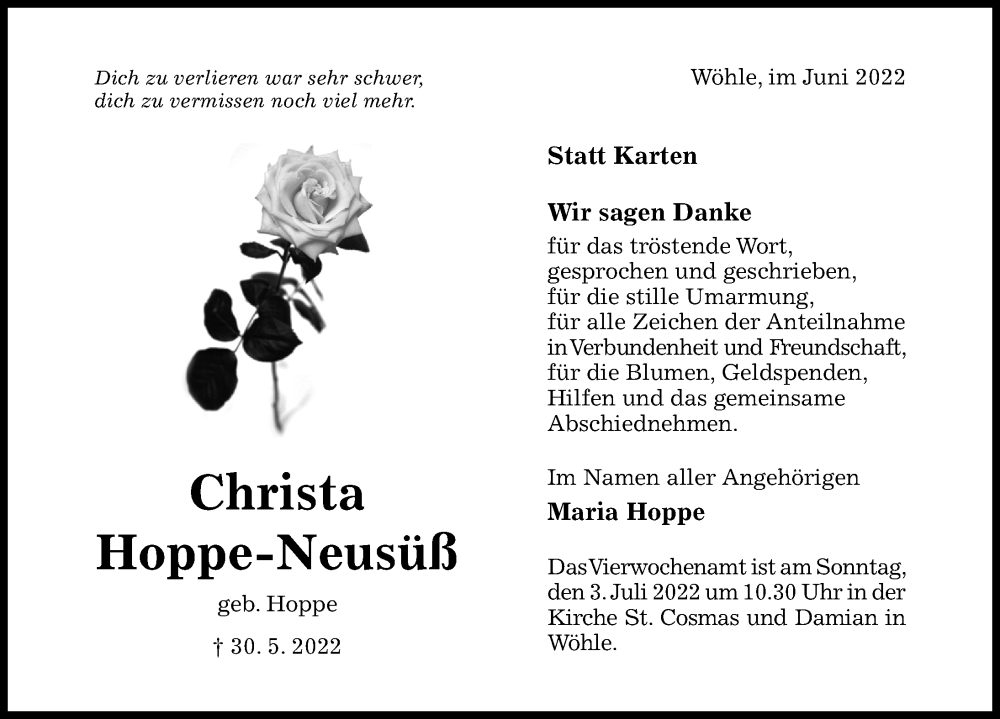  Traueranzeige für Christa Hoppe-Neusüß vom 25.06.2022 aus Hildesheimer Allgemeine Zeitung