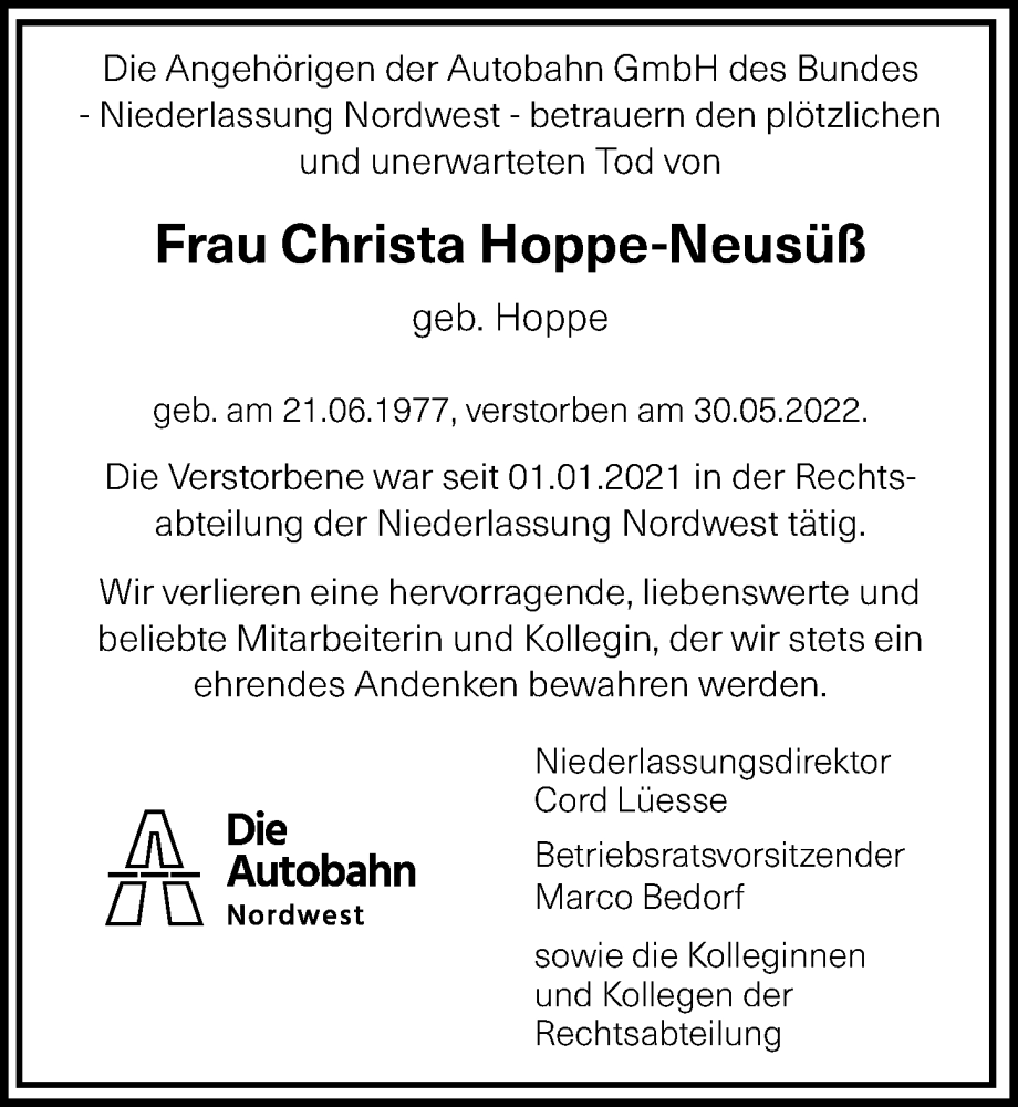  Traueranzeige für Christa Hoppe-Neusüß vom 04.06.2022 aus Hildesheimer Allgemeine Zeitung