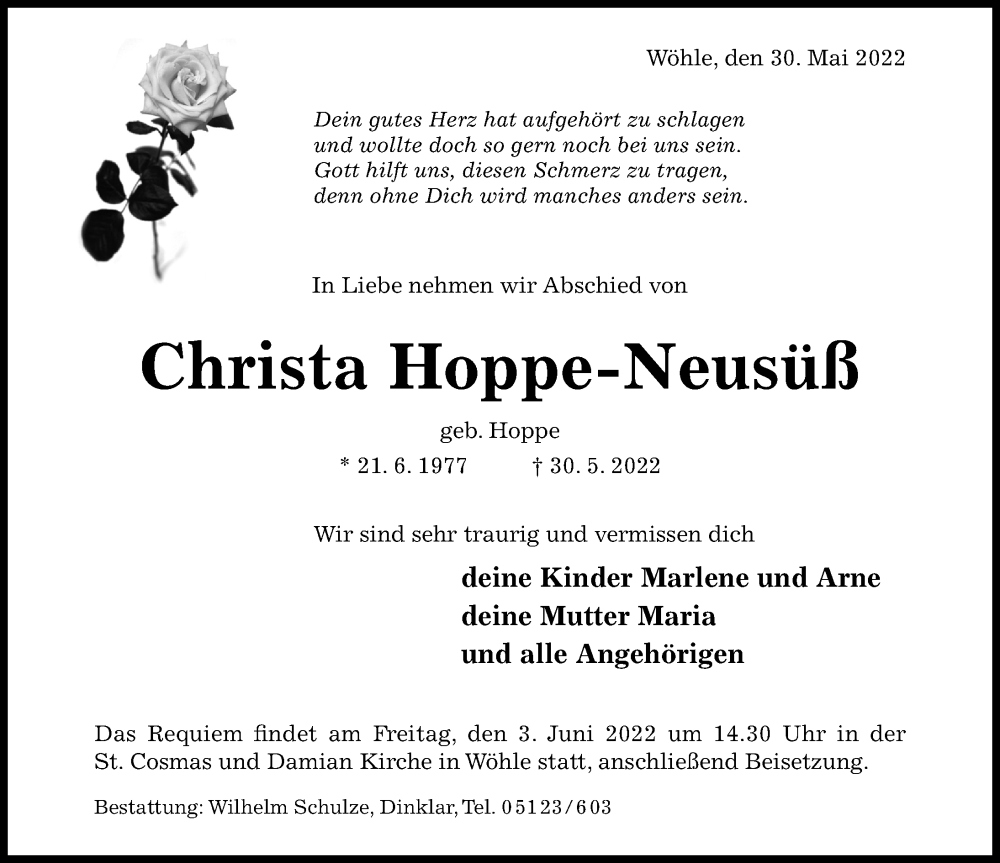  Traueranzeige für Christa Hoppe-Neusüß vom 01.06.2022 aus Hildesheimer Allgemeine Zeitung