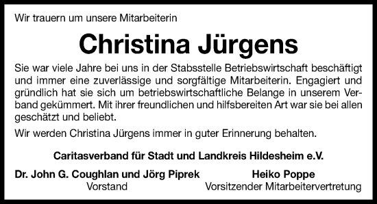 Traueranzeige von Christina Jürgens von Hildesheimer Allgemeine Zeitung