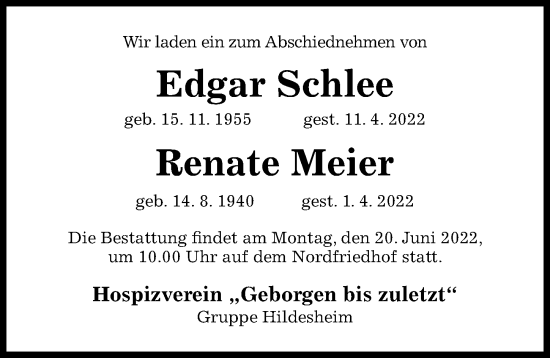 Traueranzeigen Von Edgar Schlee | Trauerportal Hildesheimer Allgemeine ...