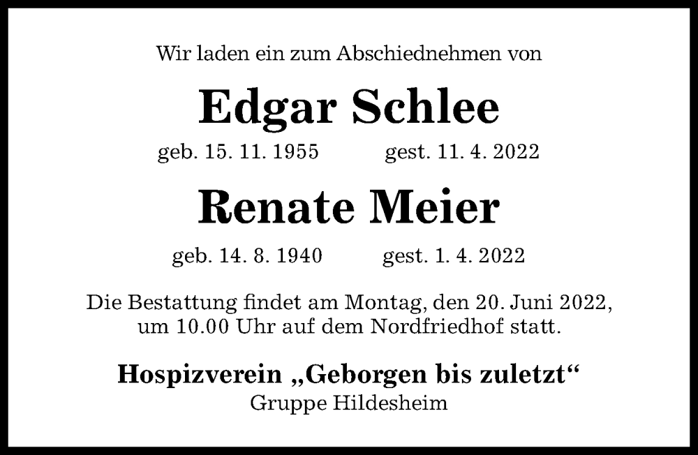  Traueranzeige für Edgar Schlee vom 18.06.2022 aus Hildesheimer Allgemeine Zeitung