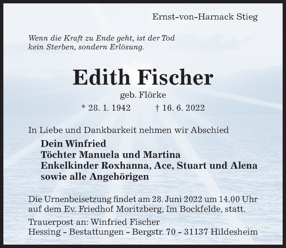  Traueranzeige für Edith Fischer vom 23.06.2022 aus Hildesheimer Allgemeine Zeitung