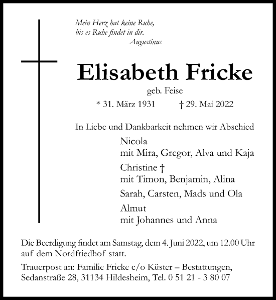 Traueranzeige von Elisabeth Fricke von Hildesheimer Allgemeine Zeitung