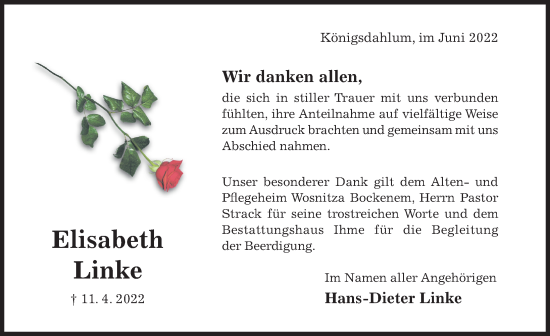 Traueranzeige von Elisabeth Linke von Hildesheimer Allgemeine Zeitung