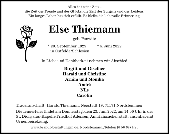 Traueranzeige von Else Thiemann von Hildesheimer Allgemeine Zeitung