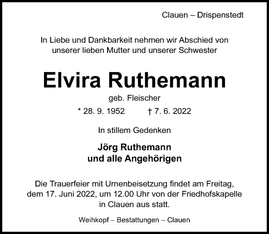 Traueranzeige von Elvira Ruthemann von Hildesheimer Allgemeine Zeitung