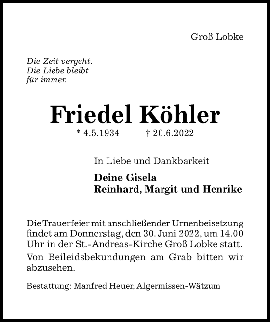 Traueranzeige von Friedel Köhler von Hildesheimer Allgemeine Zeitung