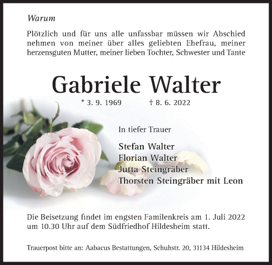 Traueranzeige von Gabriele Walter von Hildesheimer Allgemeine Zeitung