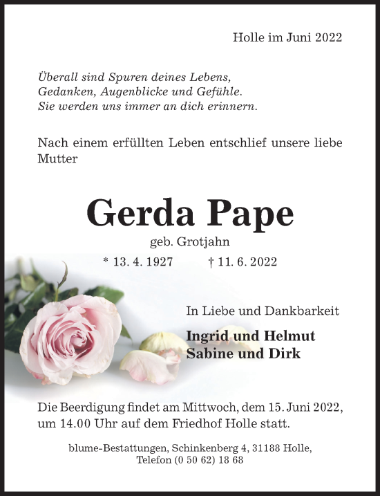 Traueranzeige von Gerda Pape von Hildesheimer Allgemeine Zeitung