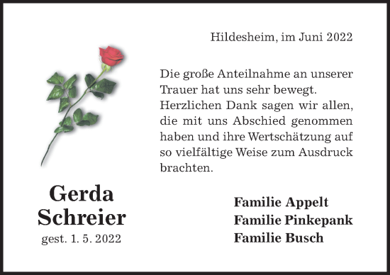 Traueranzeige von Gerda Schreier von Hildesheimer Allgemeine Zeitung