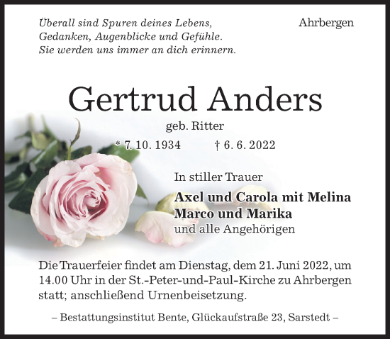 Traueranzeige von Gertrud Anders von Hildesheimer Allgemeine Zeitung