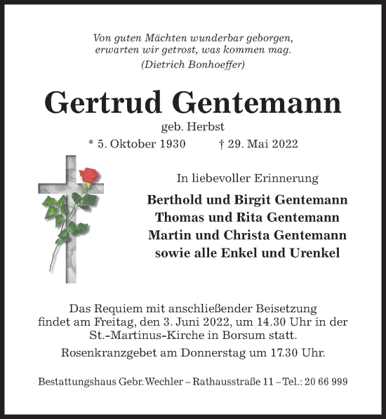 Traueranzeige von Gertrud Gentemann von Hildesheimer Allgemeine Zeitung