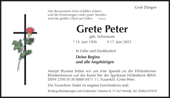 Traueranzeige von Grete Peter von Hildesheimer Allgemeine Zeitung