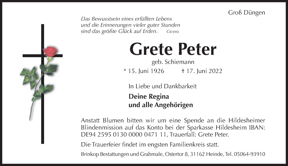  Traueranzeige für Grete Peter vom 22.06.2022 aus Hildesheimer Allgemeine Zeitung