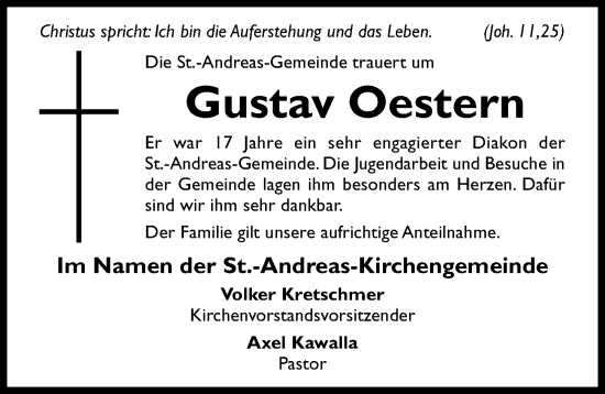 Traueranzeige von Gustav Oestern von Hildesheimer Allgemeine Zeitung