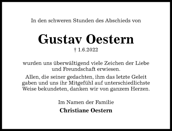 Traueranzeige von Gustav Oestern von Hildesheimer Allgemeine Zeitung