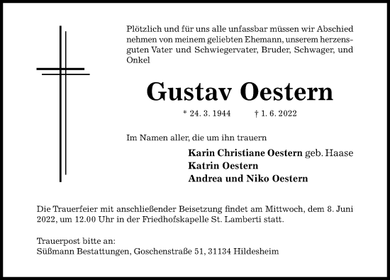 Traueranzeige von Gustav Oestern von Hildesheimer Allgemeine Zeitung