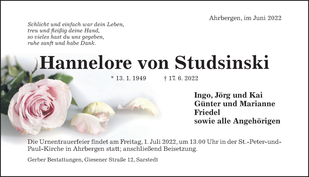  Traueranzeige für Hannelore von Studsinski vom 23.06.2022 aus Hildesheimer Allgemeine Zeitung