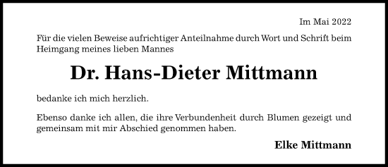 Traueranzeige von Hans-Dieter Mittmann von Hildesheimer Allgemeine Zeitung