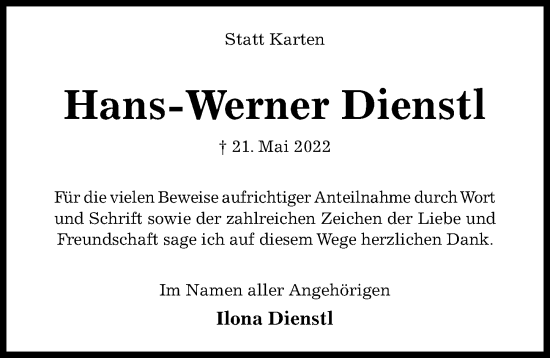 Traueranzeige von Hans-Werner Dienstl von Hildesheimer Allgemeine Zeitung