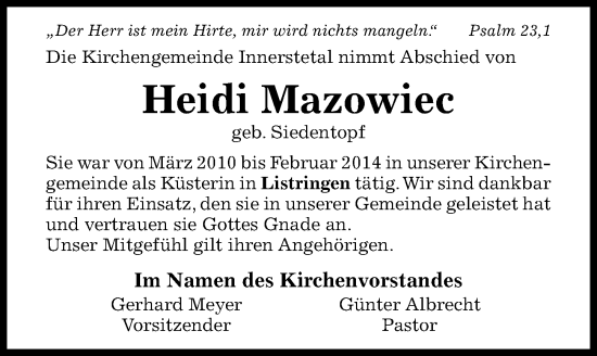 Traueranzeige von Heidi Mazowiec von Hildesheimer Allgemeine Zeitung