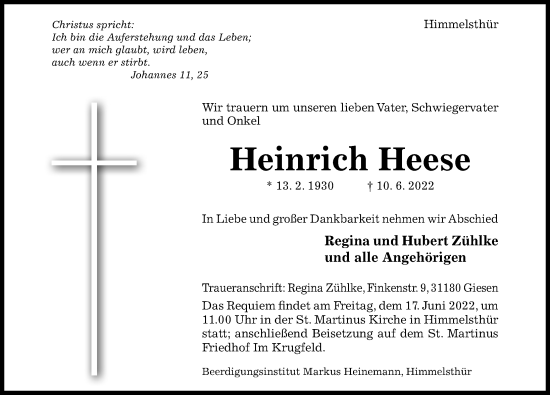 Traueranzeige von Heinrich Heese von Hildesheimer Allgemeine Zeitung