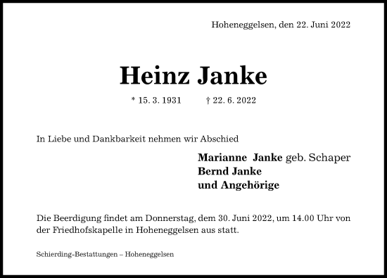 Traueranzeige von Heinz Janke von Hildesheimer Allgemeine Zeitung