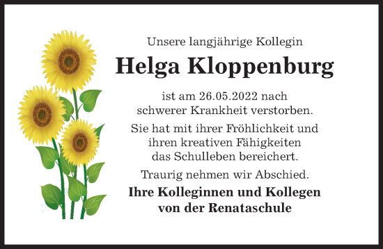 Traueranzeige von Helga Kloppenburg von Hildesheimer Allgemeine Zeitung