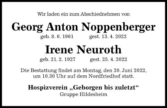 Traueranzeige von Irene Neuroth von Hildesheimer Allgemeine Zeitung