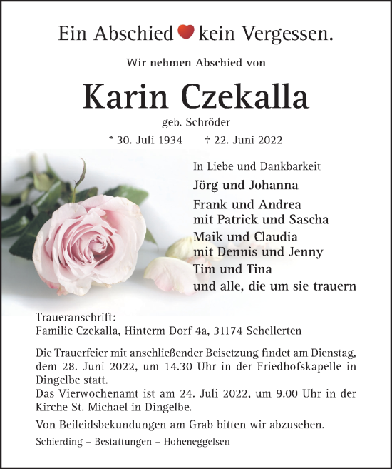 Traueranzeige von Karin Czekalla von Hildesheimer Allgemeine Zeitung