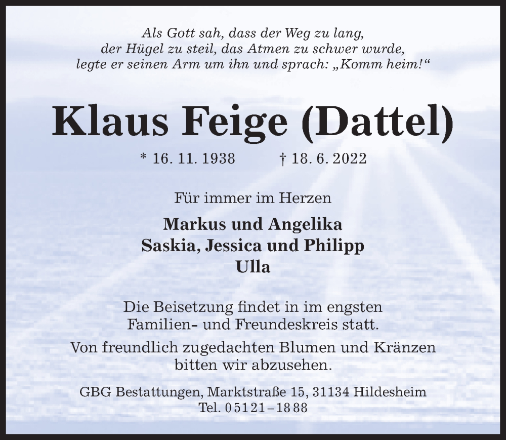  Traueranzeige für Klaus Feige vom 23.06.2022 aus Hildesheimer Allgemeine Zeitung