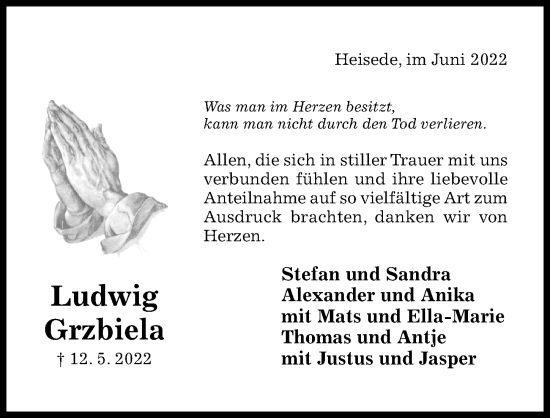 Traueranzeige von Ludwig Grzbiela von Hildesheimer Allgemeine Zeitung