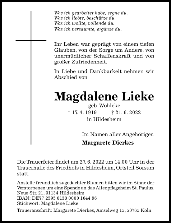 Traueranzeige von Magdalene Lieke von Hildesheimer Allgemeine Zeitung