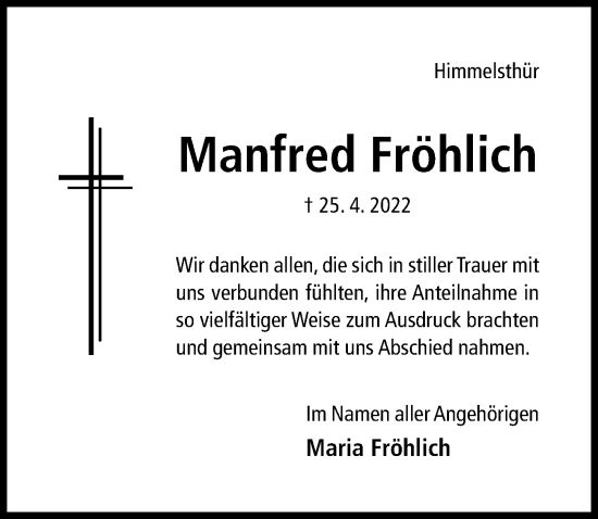 Traueranzeige von Manfred Fröhlich von Hildesheimer Allgemeine Zeitung