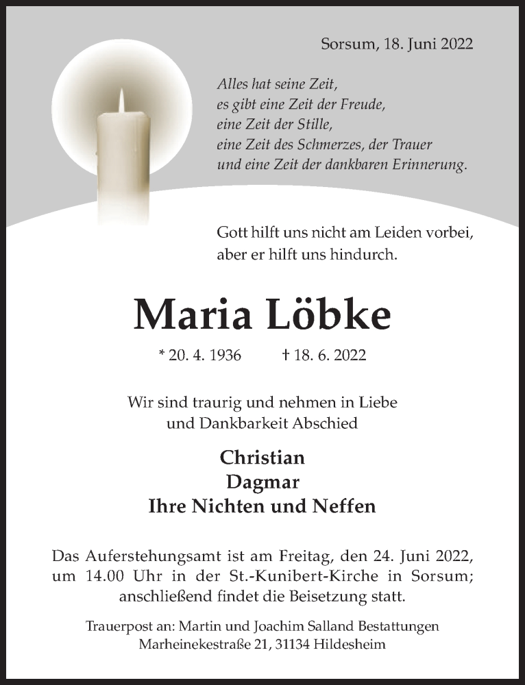  Traueranzeige für Maria Löbke vom 22.06.2022 aus Hildesheimer Allgemeine Zeitung
