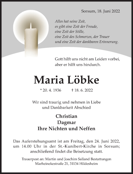 Traueranzeige von Maria Löbke von Hildesheimer Allgemeine Zeitung